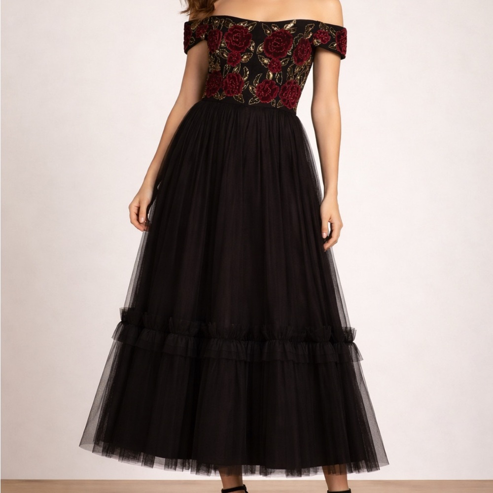 Adrianna Papell Off-Shoulder Black Tulle Dress with Red Rose sequins party dress